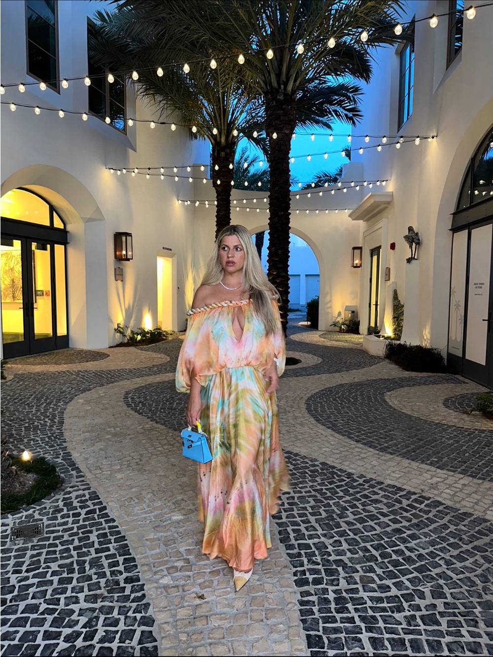 Zimmermann Pastel Tie-Dye Off-Shoulder Maxi Dress in Peach, Mint & Cream